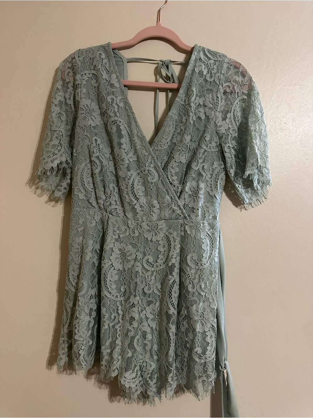 Altar'd State Sage Green Lace Romper with Wrap Front